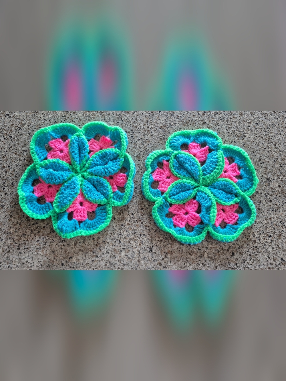 Handmade Crochet Flower Hot Pads Potholders 3D Layered Blue Pink Green Boho 2 Pc